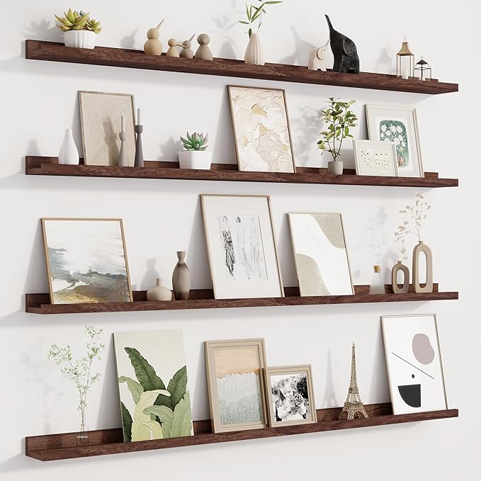 Picture Ledge Shelf for Wall, Floating Shelves Set of 4, 48 Inch Long Nursery Book Shelves for Toys Storage, Kids Bookshelf Wall Mounted for Books Photo Frames, Walnut