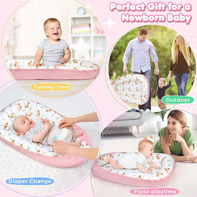 KISS GOLD Baby Lounger - Breathable Soft Cotton Cover Baby Lounger Nest, Babies Essentials Gifts, Portable Lounger for Baby Tummy Time Floor Playing Seated Support for Home and Travel