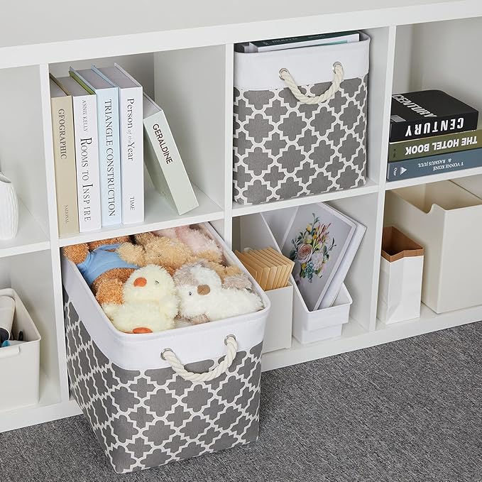 Bidtakay Large Fabric Storage Basket Set of 2 Collapsible Rectangle Basket for Shelves 16" X 11.8" X 11.8" Decorative Organizer Bins for Clothes Toys(White&Quatrefoil Grey)