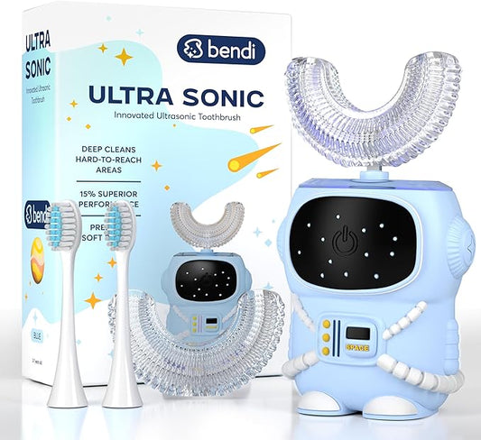 Bendi Kids U-Shaped Electric Toothbrush Ages 2-7 – 360° Mouthguard Design with Memory, 5 Brushing Modes & Multiple Heads Soft Silicone Auto Toothbrush for Toddlers & Children – Travel-Friendly (Blue)