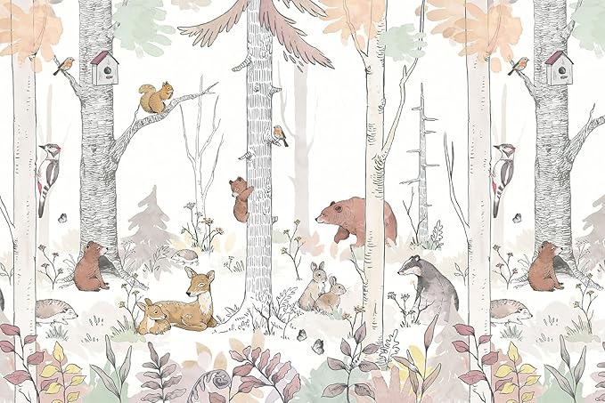 Watercolor Birch Tree Forest Wallpaper Woodland Animal Wall Mural for Kids Bedroom Nursery Room Living Room(Not Self-Adhesive)