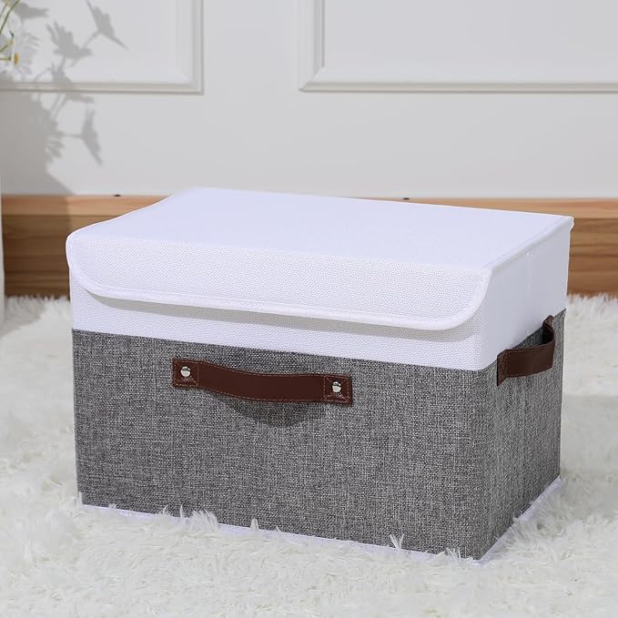 ANMINY Storage Boxes with Lids Washable Decorative Storage Bins Basket with PU Leather Handle Foldable Linen Fabric Storage Cubes Containers for Home Closet Organizer - Gray White, Large Size