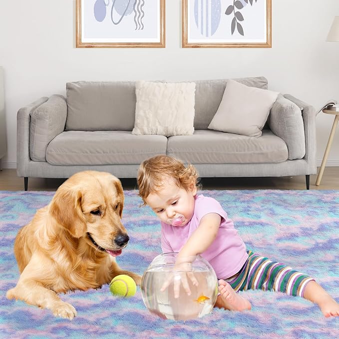 Rainbow Rug for Girls Room, 9x12 Fluffy Area Rugs for Bedroom, Colorful Kids Rug Cute Anti-Skid Indoor Carpet for Nursery, Living Room, Playroom, Home Decor