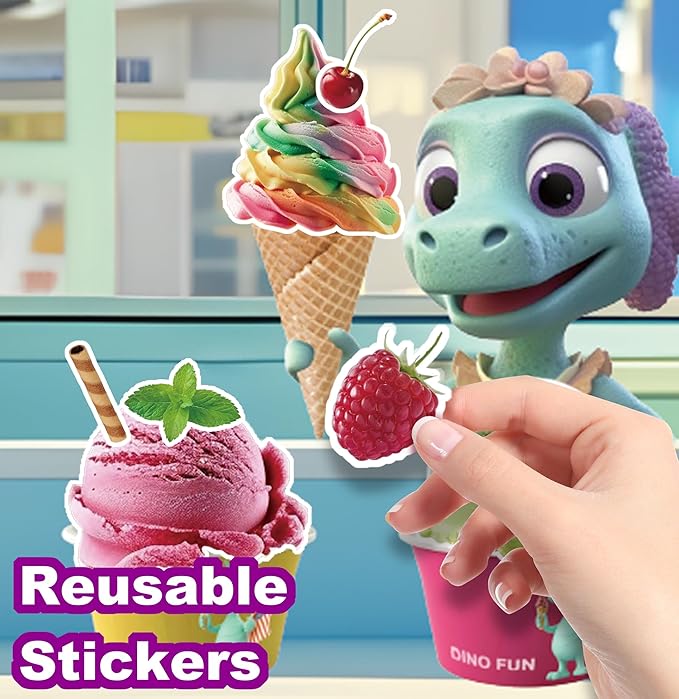 Dino Fun Cooking Food Reusable Sticker Book for Kids,11 Scenes + Over 200 Food Stickers,Treats Sticker Book for Toddlers 3-6 Years,Removable Decoration Snack Stickers,Make A Face Cupcake Sticker
