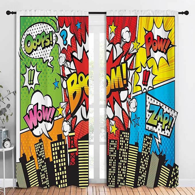 Superhero City Wars Explosion Rod Pocket Blackout Curtains for Boy Girl Bedroom, Colorful Comics Ar Thermal Insulated Home Window Drapes for Living Room Darkening, 84x72 inch