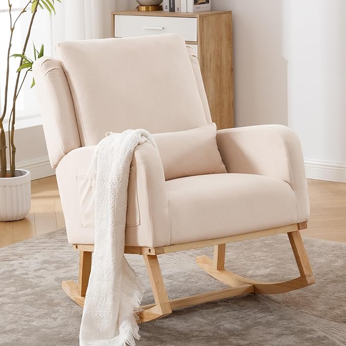 Rocking Chair Nursery, Nursing Rocking Chairs with Lumbar Pillow, Comfy Modern Nursery Glider Rocker Morden Accent Rocking Chair for Mom Nursery, Living Room, Bedroom, Beige