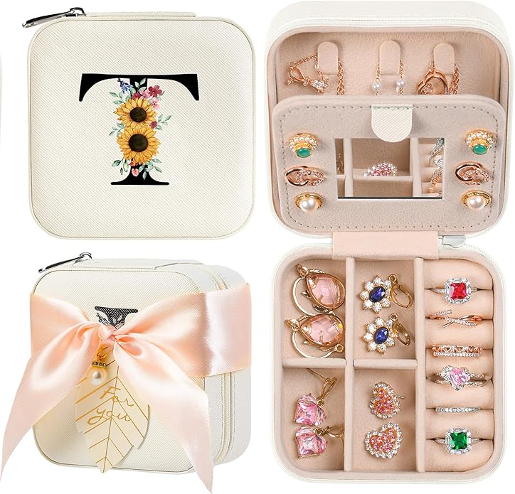 AYGXU Travel Jewelry Box for Women and Girls - Small Case With Initial A-Z - Teacher Gifts