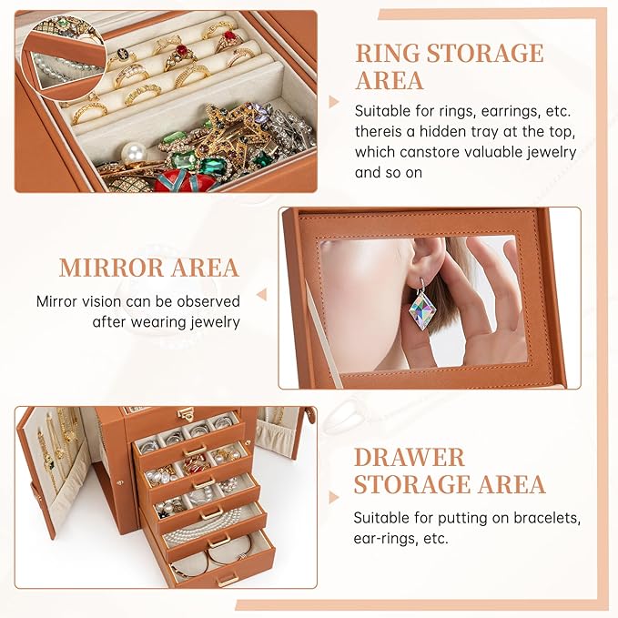 AKOZLIN Jewelry Box Organizer Functional Leather Jewelry Storage Case for Women Girls Ring Necklace Earring Bracelet Holder Organizer with Mirror