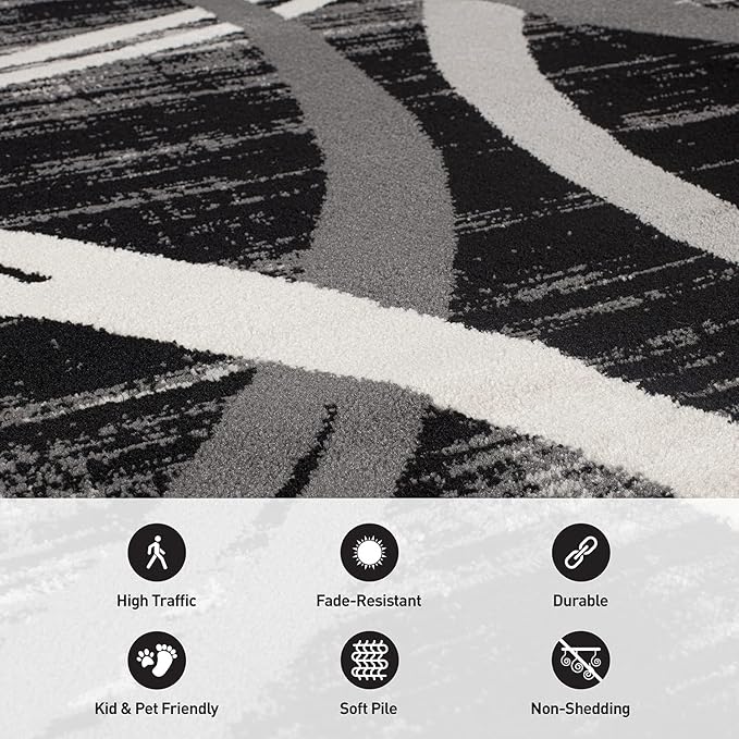 Rugshop Modern Wavy Circles Design Runner Rug 2' x 10' Black