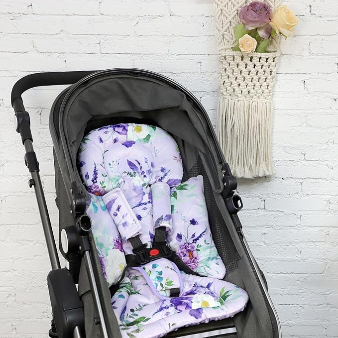 Infant Car Seat Insert and Strap Covers, Very Soft Car Seat Head Support Baby Girl Boy, Reversible Newborn Carseat Insert Cushion Fits for Stroller, Baby Swing, Bouncer (Purple Floral)