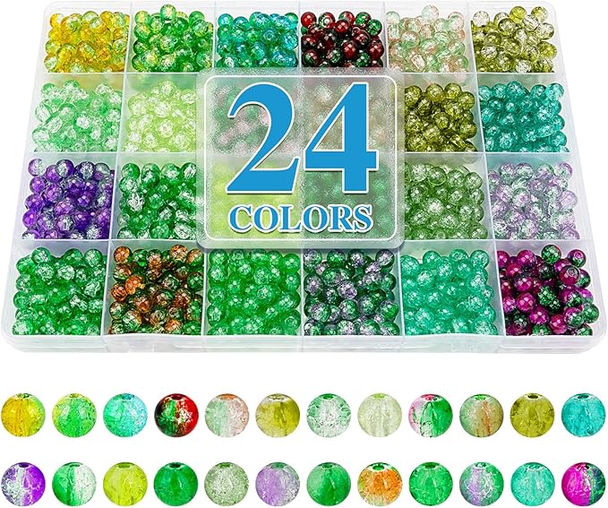 XSEINO About 1200pcs 6mm Cracked Glass Beads Bracelet Making Kit,24 Style Crack Mystic Green Series Colorful Crystal Beads for Jewelry Bracelet Making,DIY Crafts,Friendship Bracelets