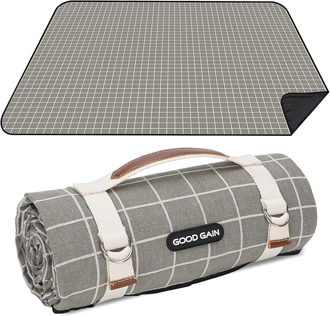 Picnic Outdoor Blankets Waterproof Extra Large - Beach Mat Sand Free Foldable with Carry Strap | Portable Camping Blanket | Park Blanket for Grass Park, Hiking, Travel, Concerts, Indoor (Grey Check)