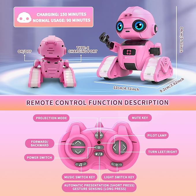 Robot Toys for Boys and Girls, Rechargeable Remote Control Robot with Auto-Demonstration, Light Projection, Dance Moves, Music, and Gesture Sensing –Toy Robot Gifts for 3,4,5,6 year old Girls (Pink)