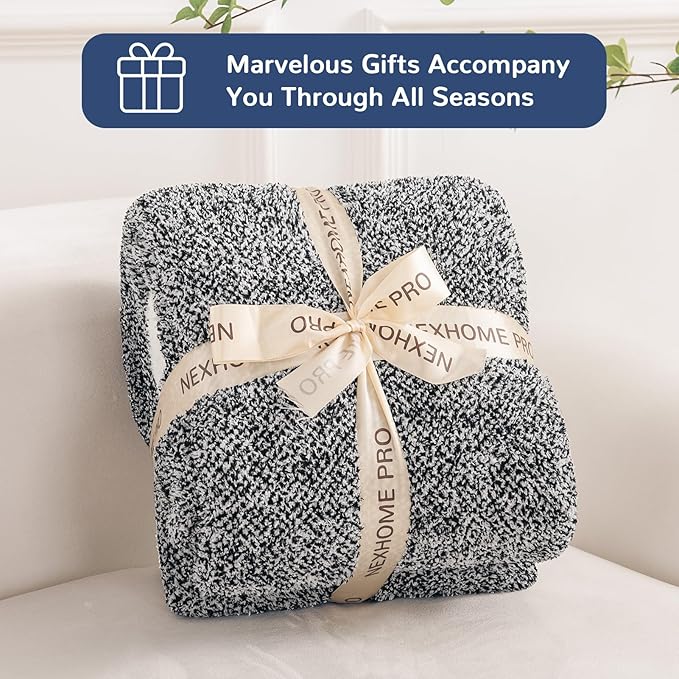 NEXHOME PRO Twin Size Soft Throw Blankets for Couch, Cozy Blankets Reversible Warm Knit Blanket for Women, Fuzzy Plush Lightweight Throws for Sofa, Bed, Picnic, Black 60 x 80 inches