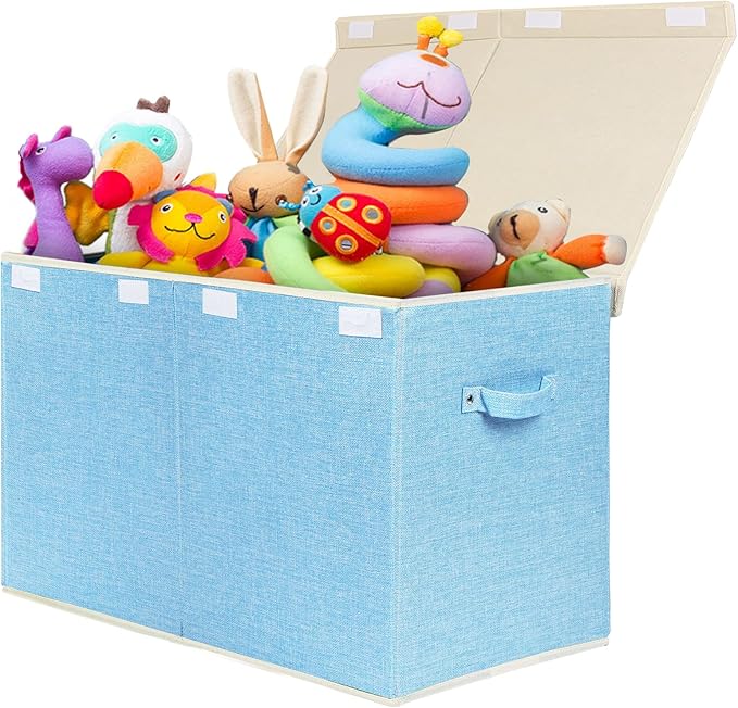 popoly Large Toy Box Chest with Lid, Collapsible Sturdy Toy Bin Storage Organizer Boxes Baskets for Kids, Boys, Girls, Nursery, Playroom, 25"x13" x16" (Linen Blue)