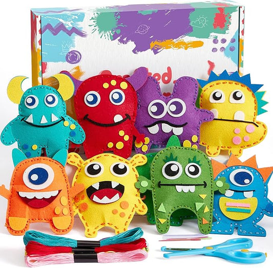 TUZT My First Sewing Kit for Kids - Monster Sewing Craft Kit for Beginners with 12 Pre-Cut Monster Plush Toys, Scissor, Plastic Needles & Thread, DIY Felt Crafts Project for Girls & Boys Ages 4-12