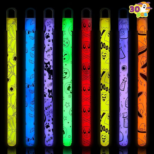 JOYIN 30 Pcs Halloween Glow Sticks Bulk Party Pack, Hanging Wands in 8 Design, 6 Color Light Up Stick for Kid Glow in The Dark Halloween Party Favor Supplies, Goodie Bag Filler, Trick or Treating Gift