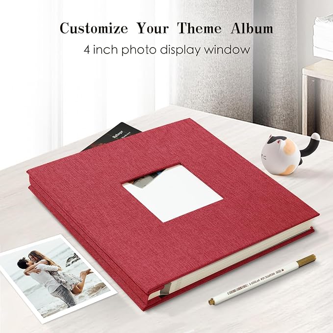 Spbapr Large Photo Album Self Adhesive 3x5 4x6 5x7 8x10 Pictures Magnetic Scrapbook 40 Blank Pages Linen Cover DIY Album with A Metal Pen Red
