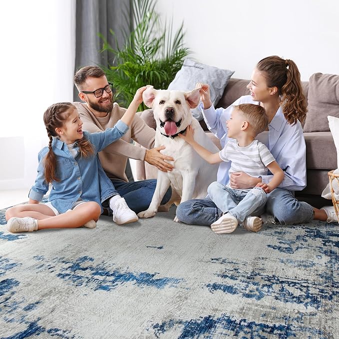 8x10 Area Rugs for Living Room Rug Washable: Modern Large Rug for Dining Room Bedroom Carpet Non Slip 8 by 10 Indoor Abstract Nursery Home Office Blue White