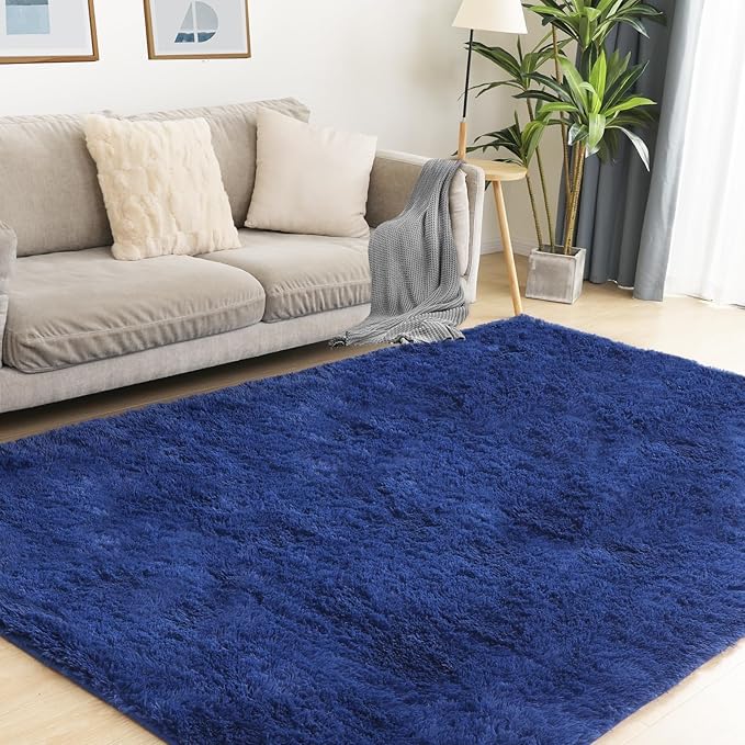 Soft 9x12 Blue Rug, Fluffy Area Rugs for Living Room, Plush Navy Area Rugs for Bedroom, Non-Slip Indoor Carpet for Nursery, Study Room, Kids Room, Room Decor