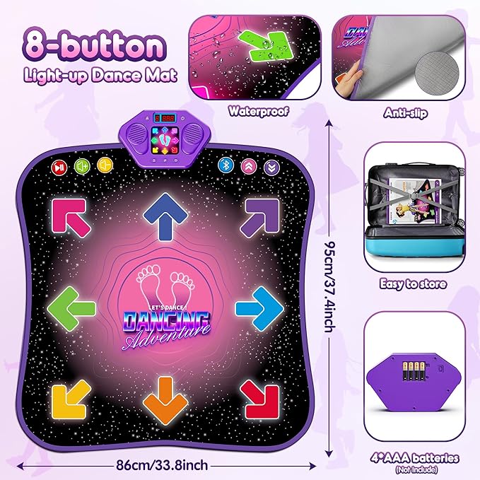 Flooyes Dance Mat Toys for 3-12 Year Old Kids, Electronic Dance Pad with Light-up 8-Button Wireless Bluetooth, Music Dance with 5 Game Modes, Birthday Toys Gifts for 3 4 5 6 7 8 9 10+ Year Old Girls