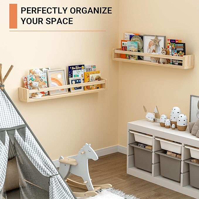 Heimlove Nursery Floating Shelves, Wood Nursery Book Shelves for Wall, 32 inch Wall Bookshelf for Kids Solid Wood Shelves for Books,Toys and Decor Storage, Set of 3