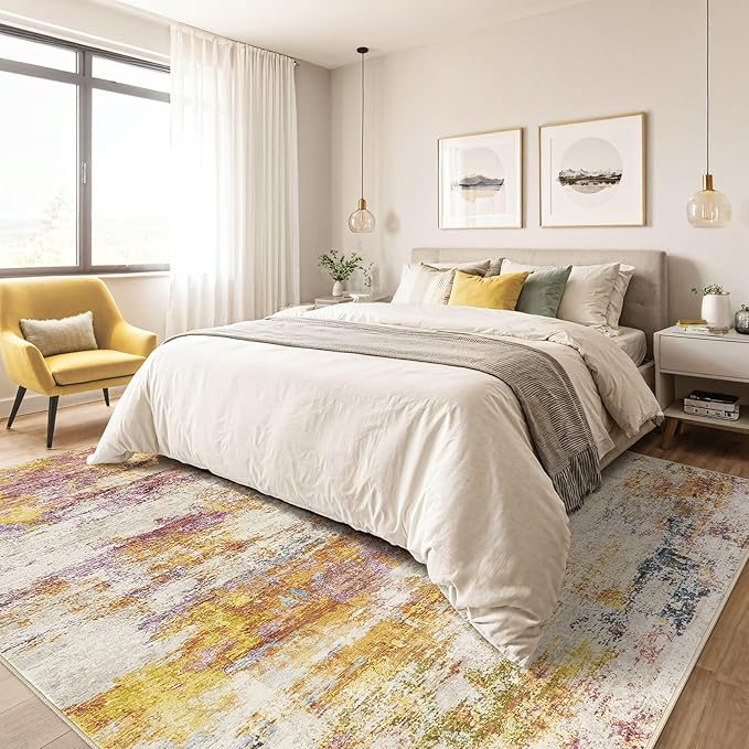 9x12 Area Rugs Living Room: Machine Washable Large Abstract Modern Soft Rug Stain Resistant Indoor Floor Non Slip Accent Carpet for Bedroom Nursery Playroom Office Dining Room Dorm- Gold Colorful