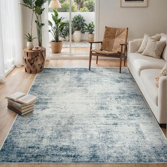 Washable Rug 6x9 Area Rugs, Abstract Washable Rugs with Non-Slip Backing, Stain Resistant Indoor Floor Carpet for Bedroom Dining Room Table Nursery Hallway Home Office-Blue/Ivory