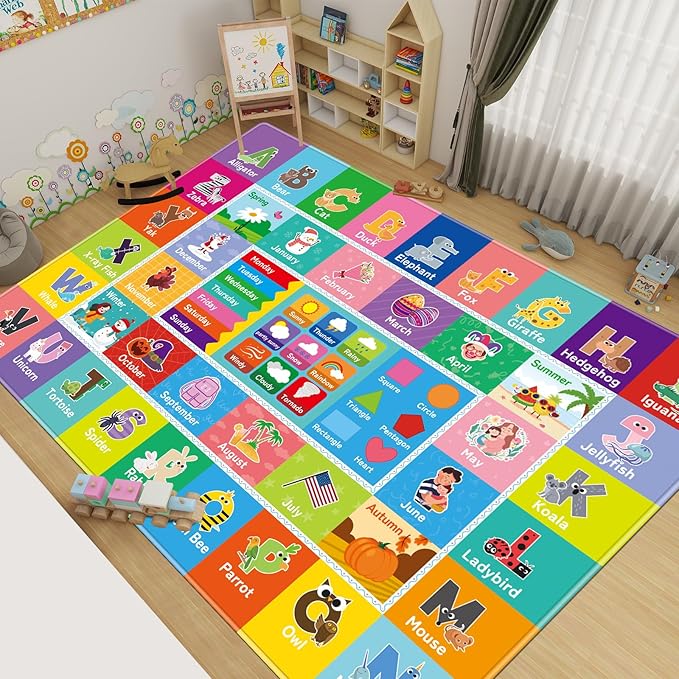 Kids Rug for Playroom, Kids Baby Playmat with Alphabet, Month, Weather, Week and Shapes ABC Educational Rug, Play Mat Carpet for Bedroom Classroom (78.7X59 INCH, Weather)