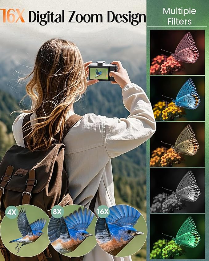 4K Digital Camera for Photography with WiFi,64MP Autofocus Vlogging Camera for YouTube,3'' 180° Flip Screen Compact Travel Camera for Teens with 32GB SD Card,16X Zoom,Anti-Shake,2 Batteries(Charcoal)