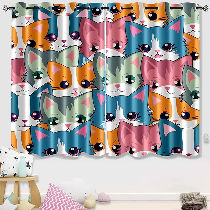 Cat Blackout Curtains for Girls - 2Pcs Cute Cartoon Cat Patterns Curtain Panels for Girls Bedroom Lovely Cats Drapes Darkening Window Curtain for Living Room Bedroom, 82" x 63"