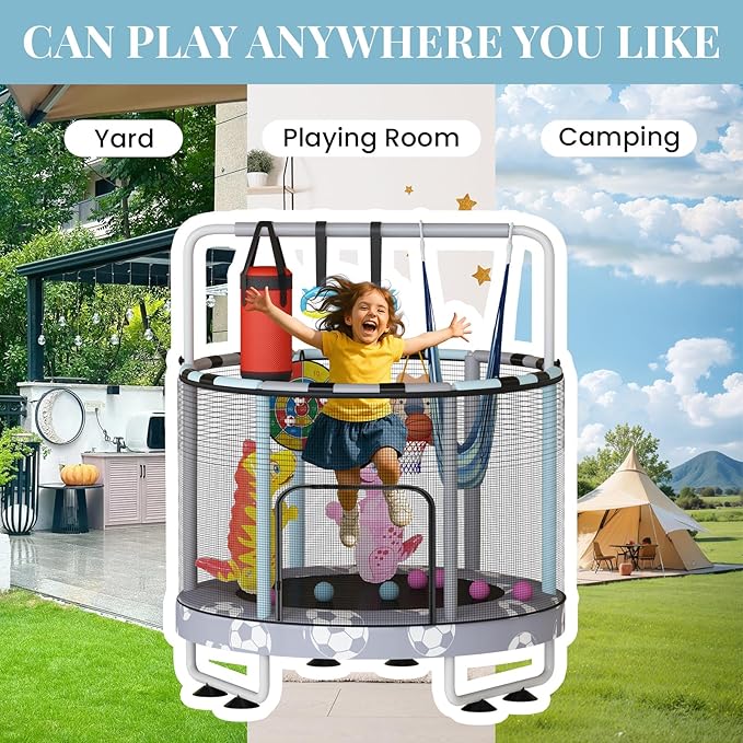 LAMERGE 55" 7-in-1 Round Trampoline for Kids Boys & Girls Ages 1-8, Indoor & Outdoor Trampoline for Fun, Adjustable Height Handrail ＆ Enclosed Safety Net ＆ Durable Designs for Toddlers Children