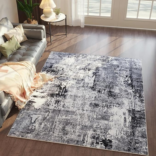 4x6 Rug Washable Boho Soft Area Rug Abstract Pattern Non-Slip Faux Wool Vintage Rug for Living Room, Bedroom Rug, Farmhouse, Dining Room, Kids Playroom, Grey and Black