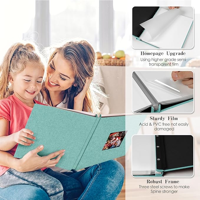 Spbapr Large Photo Album Self Adhesive 60 Pages Linen cover DIY Magnetic Scrapbook album with A Metal Pen Hold 4x6 5x7 6x8 8x10 10x12 Pictures Turquoise