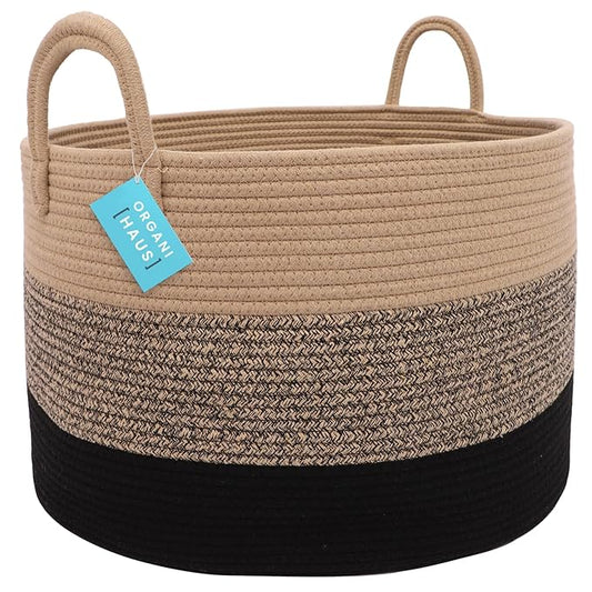 OrganiHaus Woven Laundry Basket, Large Cotton Rope Blanket Holder with Handles, Soft & Sturdy Nursery Hamper, Decorative Toy Bin for Living Room Organization 20x13 inches - Brown/Black