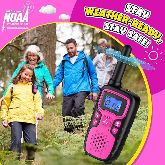 Wishouse Walkie Talkies for Kids Rechargeable Long Range,Xmas Birthday Gift for 4 5 6 7 8 9 Year Old Girls,Hiking Gear Camping Games Cool Toys with NOAA,SOS Siren,Lamp,Lanyards,Easy to Use,2 Pack