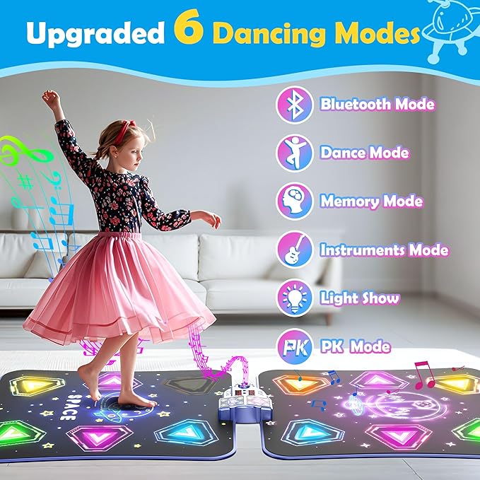 Large Double Electronic Dance Mats, Dance Pad with LED Light & Wireless Bluetooth, Music Dance Toy with 6 Game Modes, Challenge Game for Single & Double Players, Dance Mat Toy for 3-12 Year Old Girls