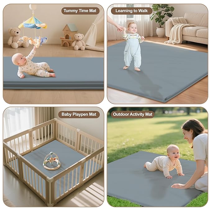 Baby Play Mat 47x47 Inches, Extra Thick 1.2" Foam Floor Mat for Tummy Time & Crawling, Waterproof Non-Slip Faux Leather Playpen Mat for Infants Toddlers, Indoor Outdoor Gym Activity, Blue