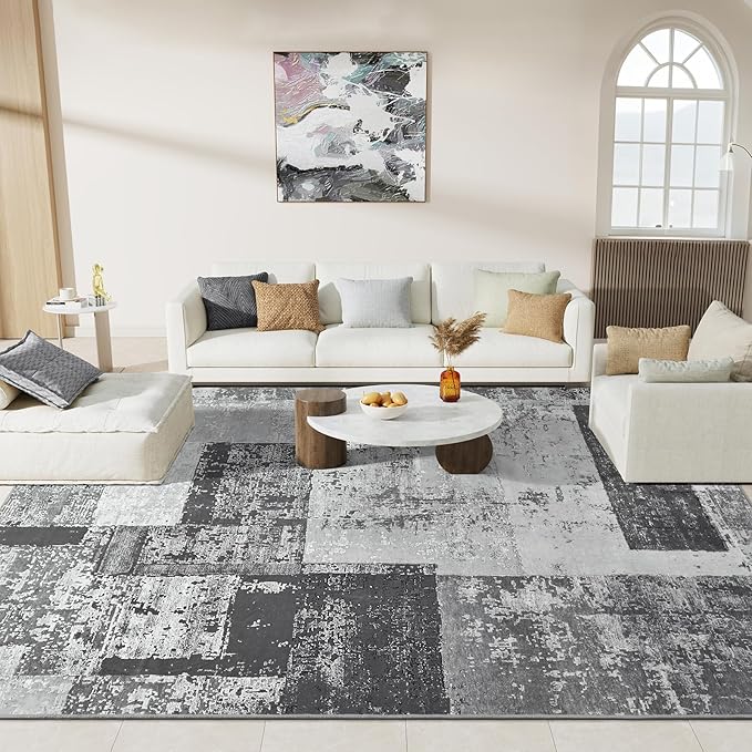 LOCHAS Rug for Living Room, Washable Soft Area Rugs for Bedroom 8x10, Abstract Carpet for Indoor Office Kids Dining Room Nursery Floor, Grey Geometric Vintage Home Decor, Non Slip, Pet Child Friendly