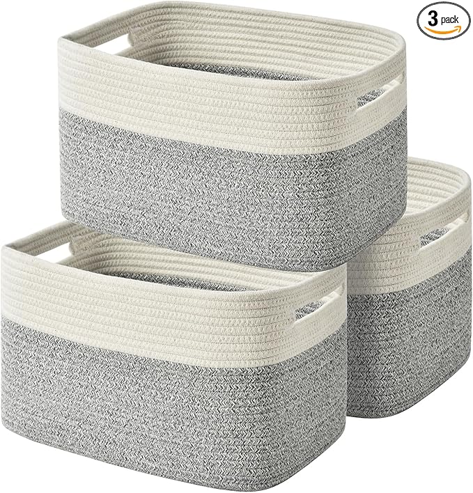 Woven Storage Baskets - Cotton Rope Organizers for Books, Towels, Toys or Bins - 3 Pack, Grey