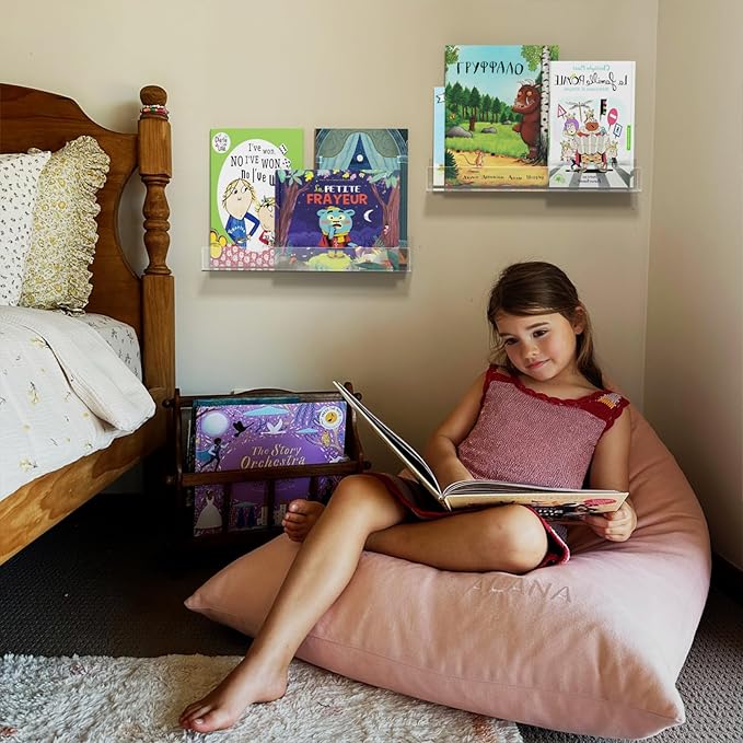 NIUBEE 16.5-Inch Acrylic Floating Bookshelves, 2-Pack, Clear Modern Wall Shelves for Child/Toddler， Invisible Ledge Book Shelves for Nursery/Kids Room/Playroom/Small Spaces.