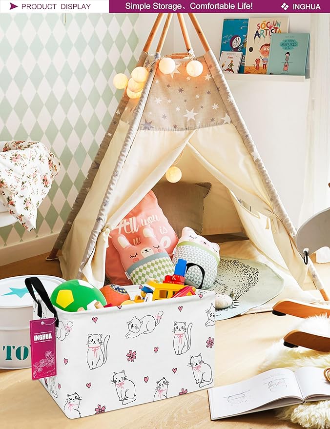 Rectangular Storage Basket Fabric Organizer Bin for Toys,Books,Clothes,Gifts,Pets-Perfect for Home,Office,Nursery,Dorm,Shelf(Rec-Love cat )