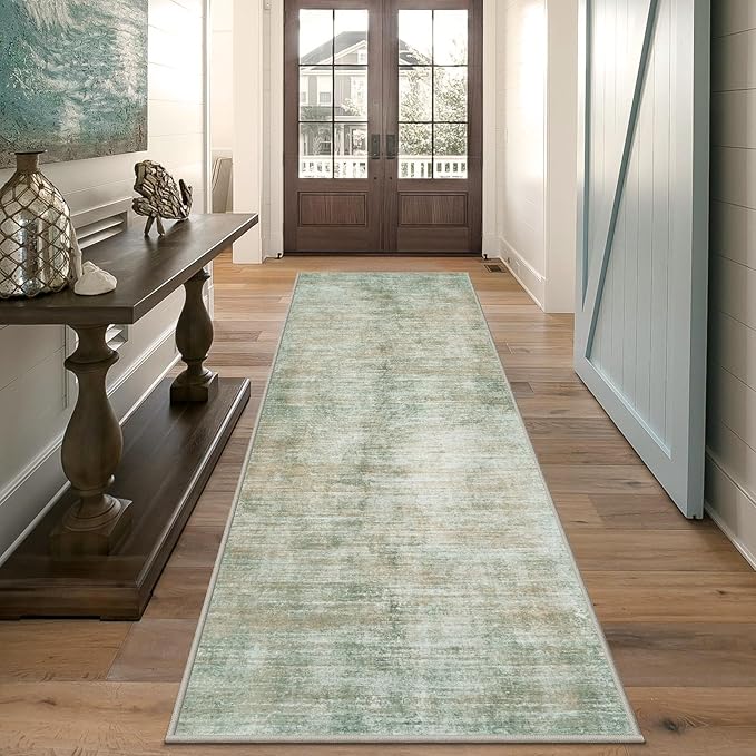 Washable Modern Abstract Kitchen & Hallway Runner Rug, 2'6''x8', Green with Non-Slip Backing