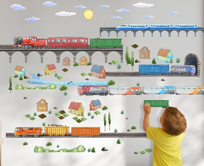 Train Wall Decals for Kids by Lipastick - Educational Railroad Wall Stickers for Boys and Girls - Peel and Stick Locomotive, Carriage, Wagon Wall Decals for Nursery, Playroom, Bedroom Decor -XXL Size