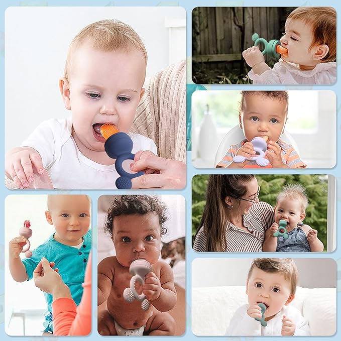 Baby Fruit Feeder, Frozen Teething Toys, Infants Teether Pacifier with 3 Extra Teats, Toddler Eating Essentials, BPA Free Feeding Supplies (Steel Blue)