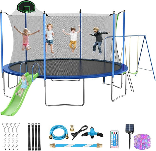 12FT 14FT Trampoline with Slide and Swings, ASTM Approved Outdoor Trampoline with Basketball Hoop and Ladder, Capacity for 5-7 Kids and Adults