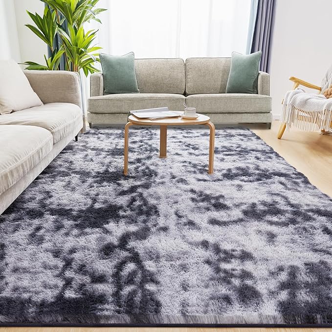 Ultra Soft Area Rugs for Living Room, 5x7 Tie-Dyed Dark Grey Fluffy Plush Rugs for Bedroom, Non-Slip Floor Carpet for Nursery Room, Bedside, Playroom, Corridor, Indoor Decor