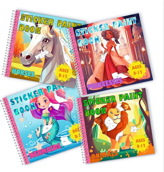 BulbaCraft 4Pcs Sticker Paint Books for Girls - Sticker Books by Number with Mermaids, Princesses, Animals and Horses - Coloring Activity for Kids