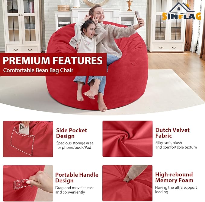 3FT Bean Bag Chair, Comfy Bean Bag Chairs with Memory Foam Filled, Fluffy Beanbag Sofa with Dutch Velvet Cover, Round BeanBag Chairs for Living Room, Playroom - Red