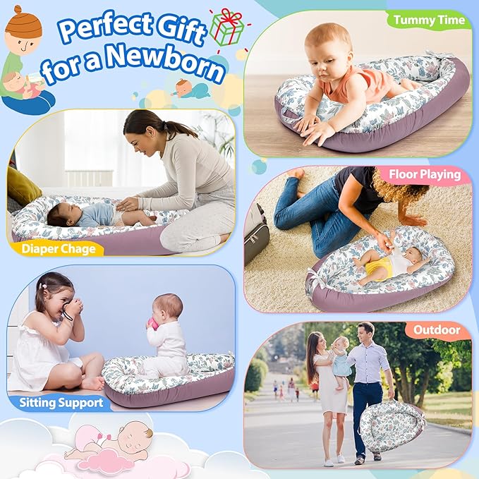 Baby Lounger - Breathable & Soft Baby Nest, Portable and Lightweight Tummy Time Lounger for Home and Travel, Ideal Newborn Babies Essentials Baby Shower Gifts